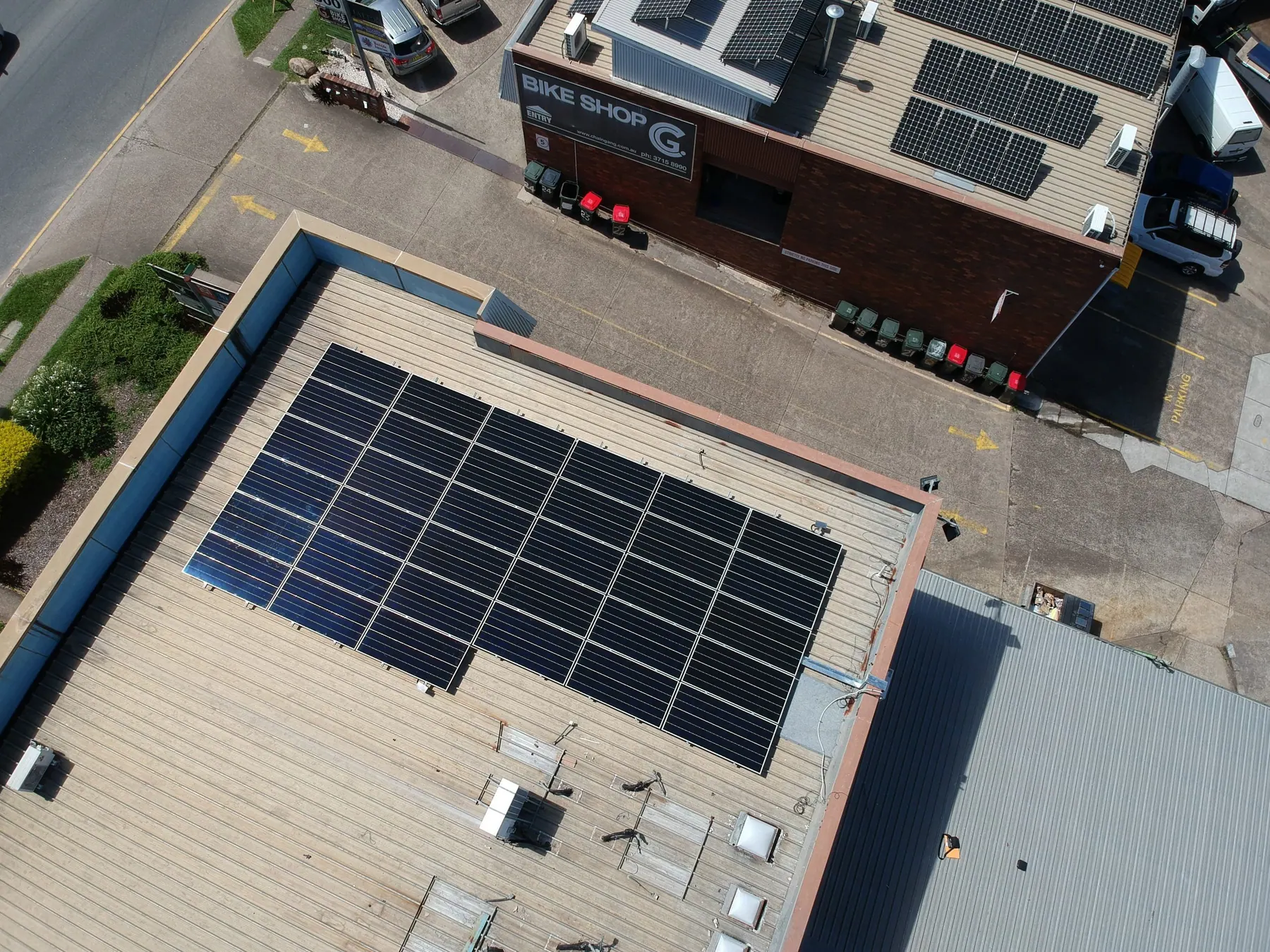 Aerial drone view of rooftop solar install at Geebung